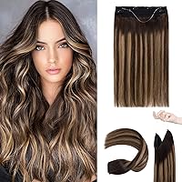 Invisible Wire Hair Extensions Real Human Hair Dark Brown to Light linen Mix Brown 16 Inch Balayage Fish Line Wire Hair Extensions with Clips Straight Invisible Hairpiece for Women,2T2P6,95g