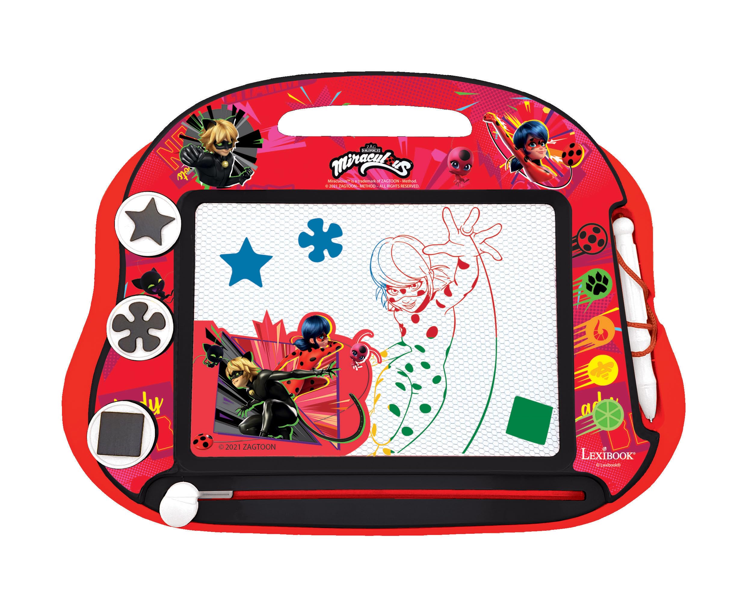LEXiBOOK, Miraculous Ladybug Cat Noir, Multicolor Magic Magnetic Drawing Board, Artistic Creative Toy for Girls and Boys, Stylus Pen and Stamps, Red/Black, CRMI550