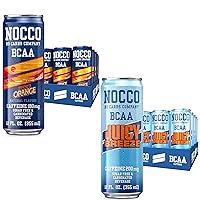 NOCCO BCAA Energy Drink 24 Pack Blood Orange & Juicy Breeze - 12 Count (Pack of 24) - 180-200mg of Caffeine Sugar Free Energy Drinks - Carbonated, BCAAs, Vitamin B6, B12, & Biotin - Performance Drink