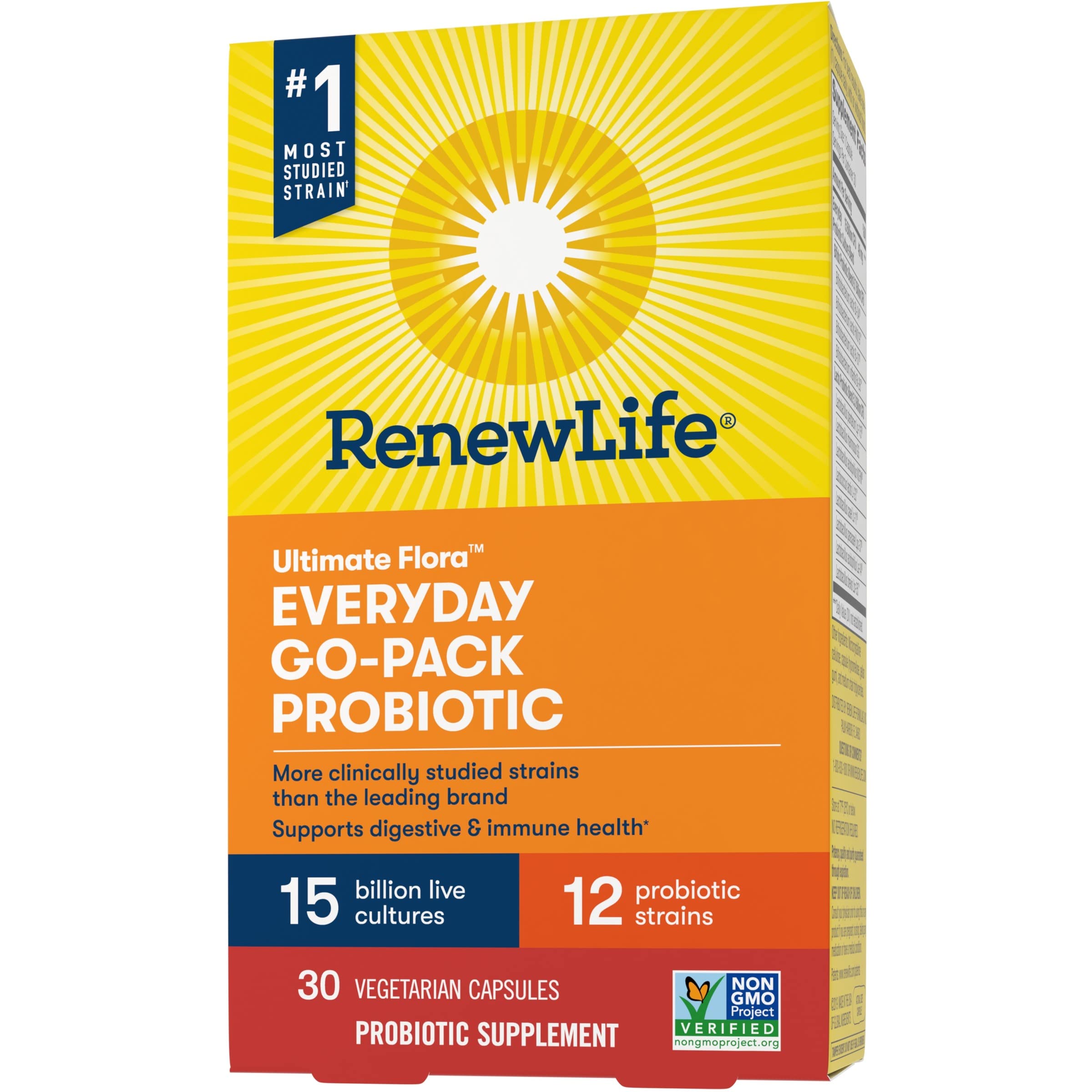 Renew Life Adult Probiotics, 15 Billion CFU Guaranteed, Everyday Go-Pack Probiotic Supplement for Digestive & Immune Health, Shelf Stable, Gluten Dairy & Soy Free, 30 Capsules
