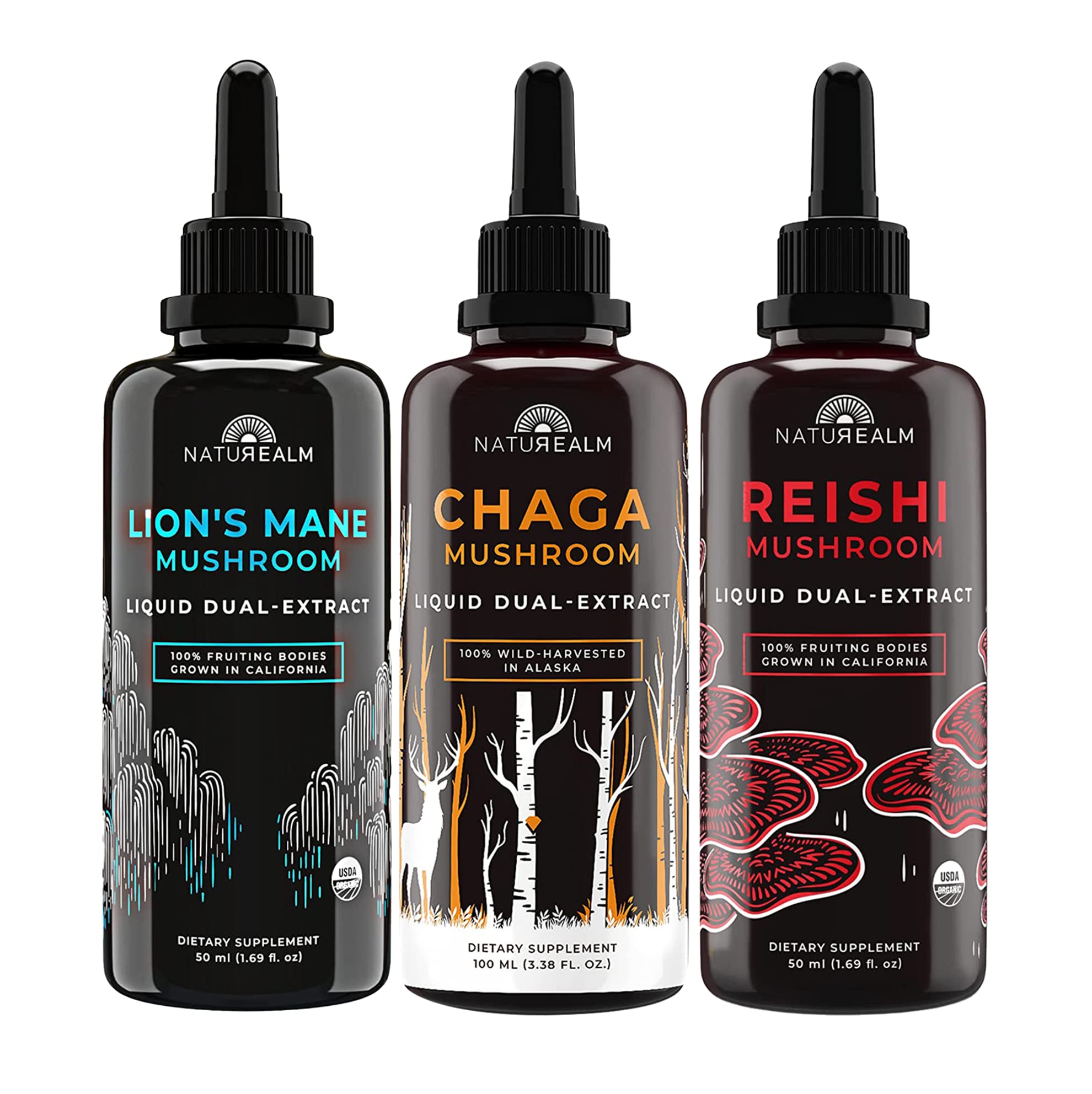 Naturealm Lion’s Mane, Reishi, & Chaga Mushroom Extract - Adaptogen Stack for Focus, Immunity, Longevity, Gut Health, Anti-Aging, Energy, Healing, & More - Organic Liquid Drops - 50 mL Each (3 Pack)