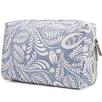 Large Makeup Bag Zipper Pouch Travel Cosmetic Organizer for Women (Large, Blue Leaf)