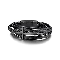 Stainless Steel Braided Leather Bracelet for Men, Punk Cuff Bangle 7.1'', 8.3'', 9 Inches Wristband Punk Jewelry, Black