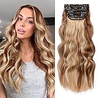 NAYOO Clip in Curly Hair Extensions 4PCS Long Wavy Synthetic Thick Hairpieces with Fiber Double Weft for Women Hair Full Head (20 Inch, Brown Mix Blonde)
