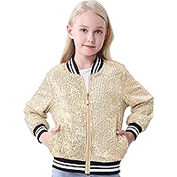 Girls Sequin Bomber Jacket with Pockets Zipper Long Sleeve Lightweight Sparkle Jackets for Kid 6-12Y
