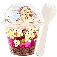 9 oz Clear Plastic Cups with Lids and Sporks - 50 Sets Dessert Cups with Dome Lids (NO HOLE), Crystal PET Parfait Cups with Lids, Disposable Party Cups for Fruit/Ice Cream/Cupcake/Iced Cold Drinks