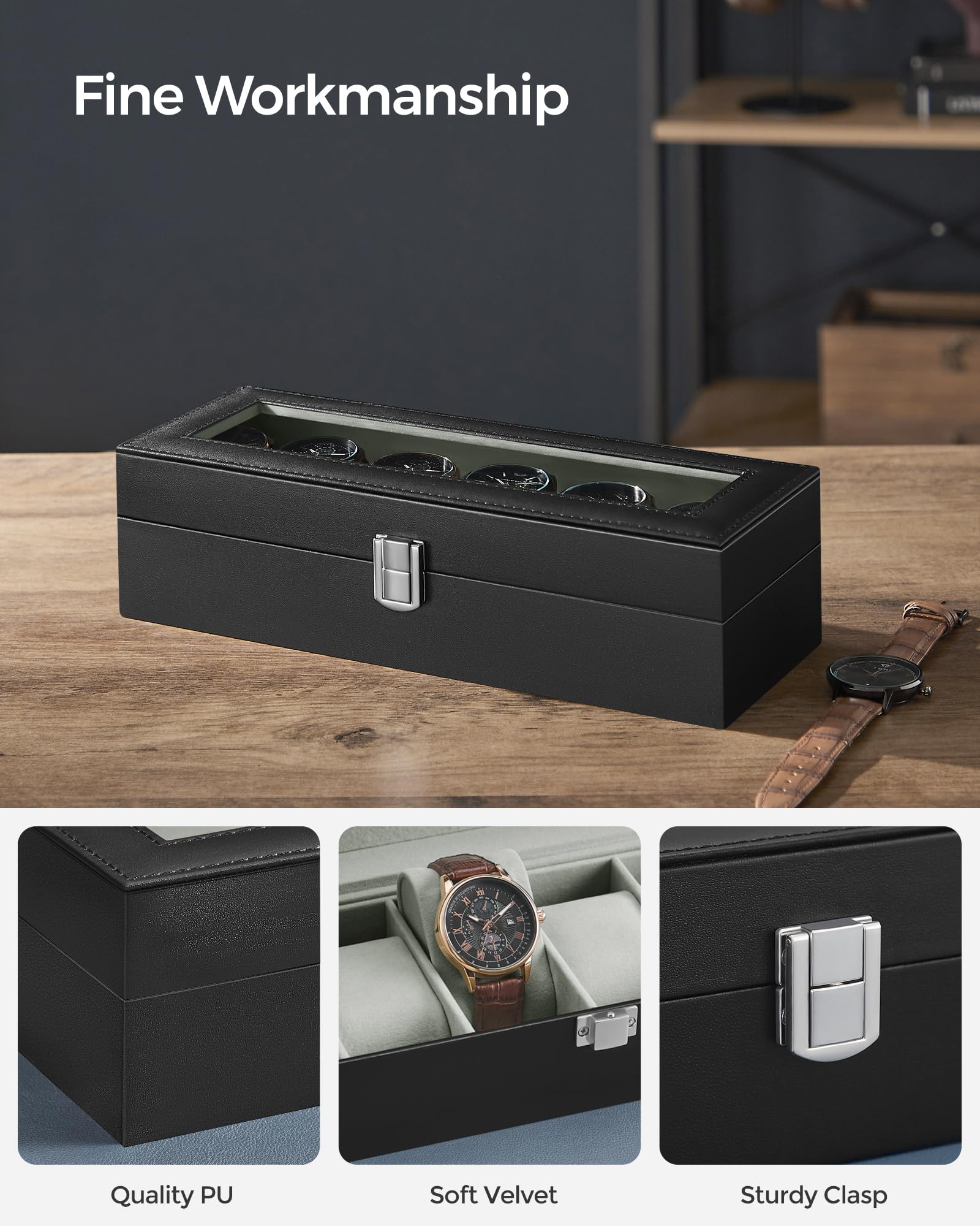 SONGMICS Watch Box, 6-Slot Watch Case with Large Glass Lid, Removable Watch Pillows, Watch Box Organizer, Gift for Loved Ones, Black Synthetic Leather, Gray Lining UJWB06BK