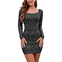 Women's Square Neck Sparkly Dress Knitted Mesh Long Sleeve Open Back Ruched Short Homecoming Dresses HOCO Party Dress