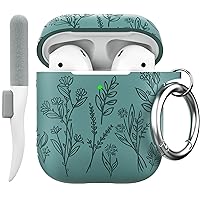 Maxjoy for AirPods Case Cover, Flower Engraved AirPods 2nd Generation Case Soft Silicone Skin Protective Airpod Case for Women with Keychain for AirPods 2nd/1st Gen Case, Pine Green