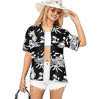 LA LEELA Hawaiian Shirts Womens Casual Summer Beach Party Short Sleeve Vacation Blouse Shirt Tropical Blouses Button Up Dress Tops Tee Shirts Dresses for Women M Island View, Black
