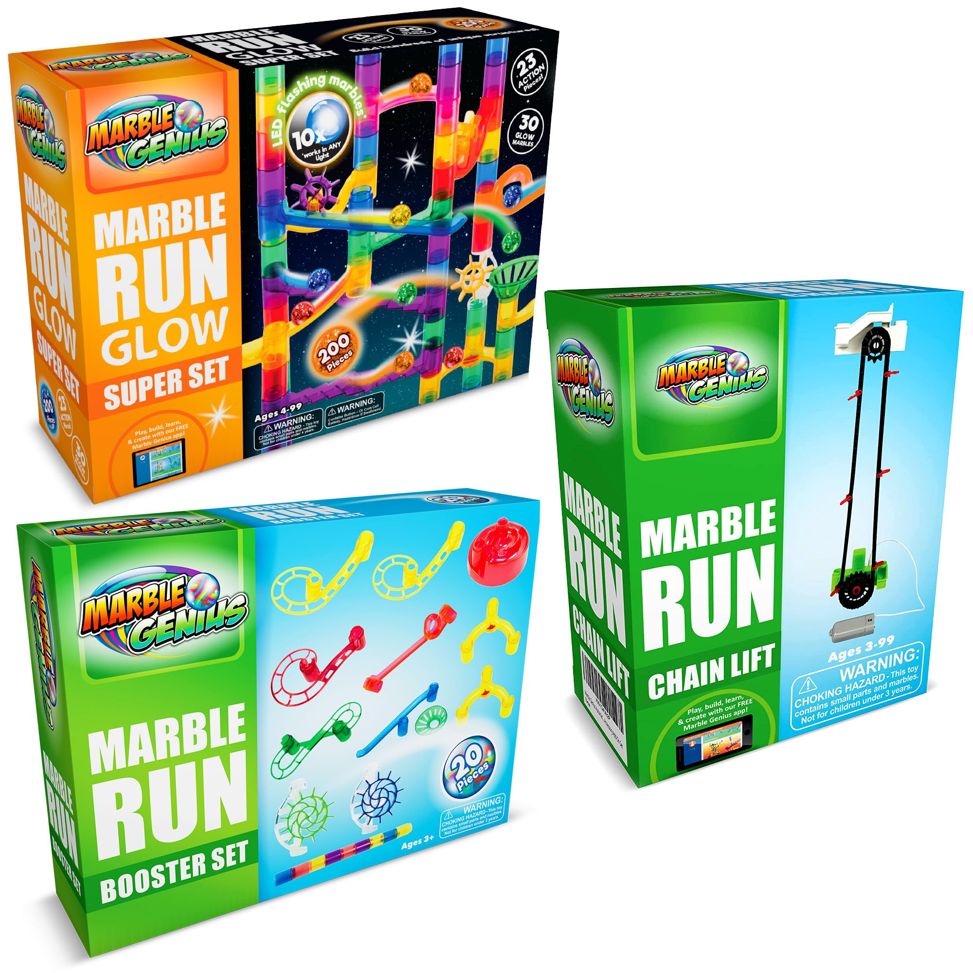 Marble Genius Bundle: Marble Maze Glow in The Dark (200 Pieces), Automatic Chain Lift, Marble Run Booster Set (20 Pieces), Experience The Thrills of Marble Racing