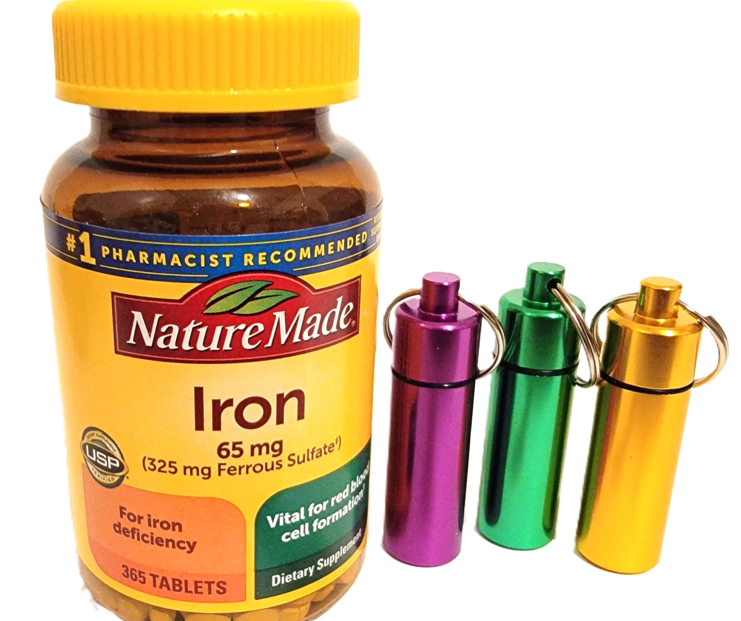 Nature Made Iron 65 mg (from Ferrous Sulfate) Tablets for Red Blood Cell Formation (365 ct.) with One Keychain Pill Holder(Assorted Colors)