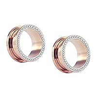 Forbidden Body Jewelry 0g Plugs, 0g Gauges, Gauges for a Wedding, Plug Gauges, Rhinestone Plugs, Rose Gold IP Surgical Steel Crystal Rimmed Screw Fit Cute Plugs