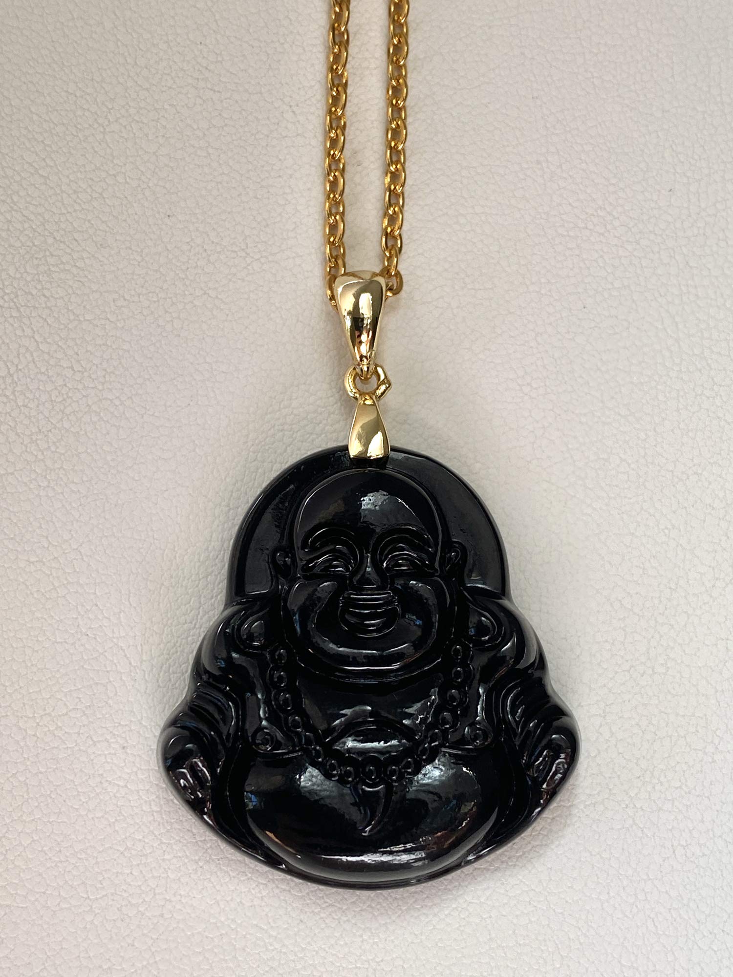 Shop-iGold Happy Laughing Buddha Black Jade Pendant Necklace Open Rolo Box Chain Genuine Certified Grade A Jadeite Jade Hand Crafted