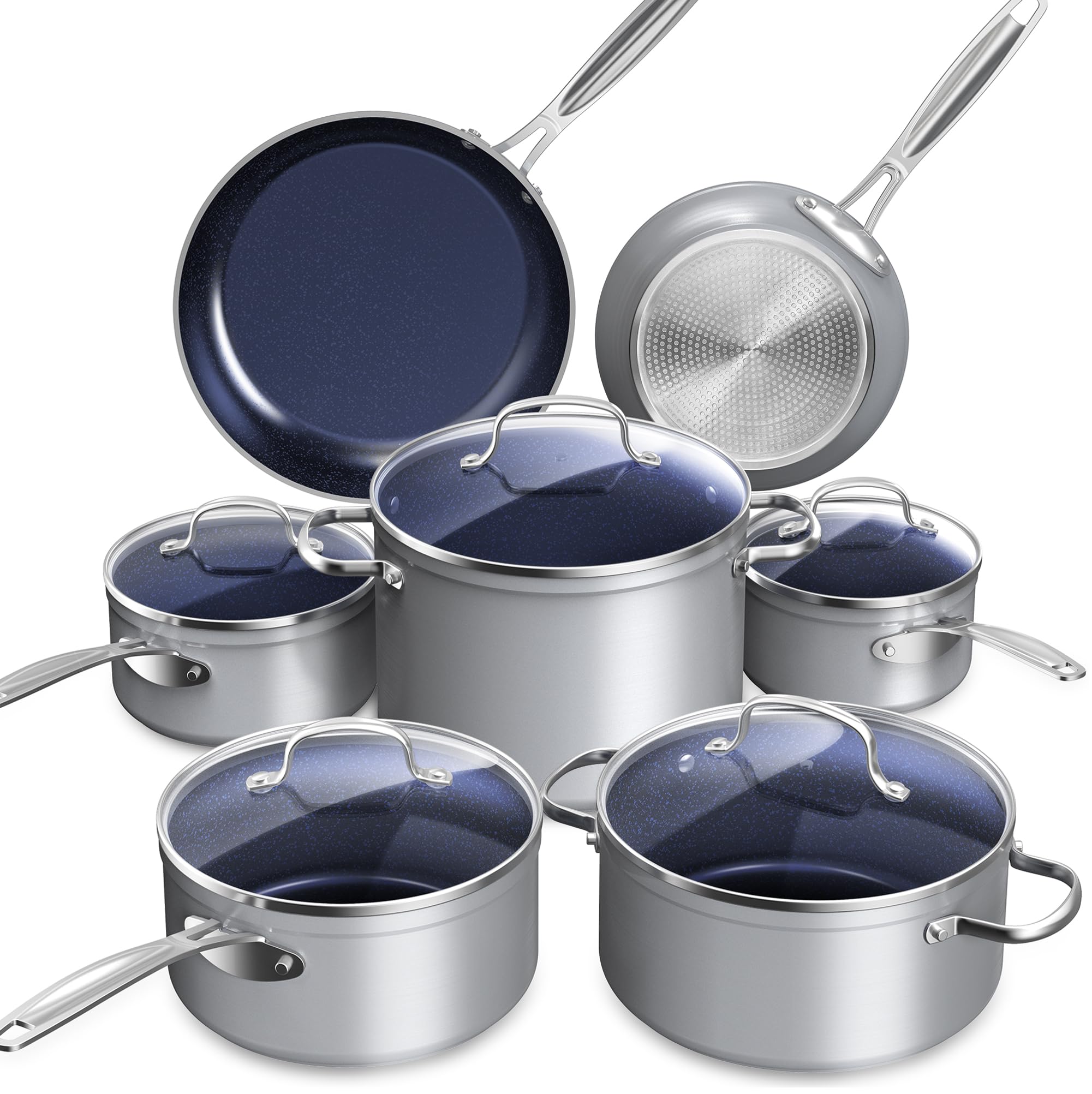 Nuwave Healthy Duralon Blue Ceramic Nonstick Coated Cookware Set, Diamond Infused Scratch-Resistant, PTFE & PFOA Free, Oven Safe, Induction Ready & Evenly Heats, Tempered Glass Lids & Stay-Cool Handle