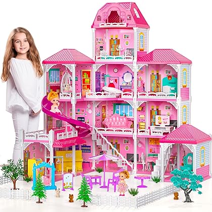 Dream House Doll House 7-8 for Girls - 4-Story 12 Rooms Playhouse 4-5 Year Old w/ 2 Dolls, Dollhouse Furniture Accessories, Pretend Cottage Toy House, Toddler for Kids Ages 3 4 5 6 7