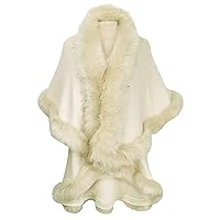 ZLYC Women Fine Knit Open Front Faux Fur Trim Layers Poncho Cape Cardigan Sweater