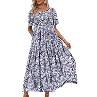 YESNO Women Casual Loose Bohemian Floral Dress with Pockets Short Sleeve Long Maxi Summer Beach Swing Dress L EJF CR148