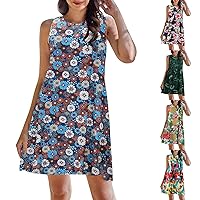Women's Floral Camouflage Print Flowy Swing Dress Spring and Summer Loose Round Neck Suspender Sleeveless Mini Dresses