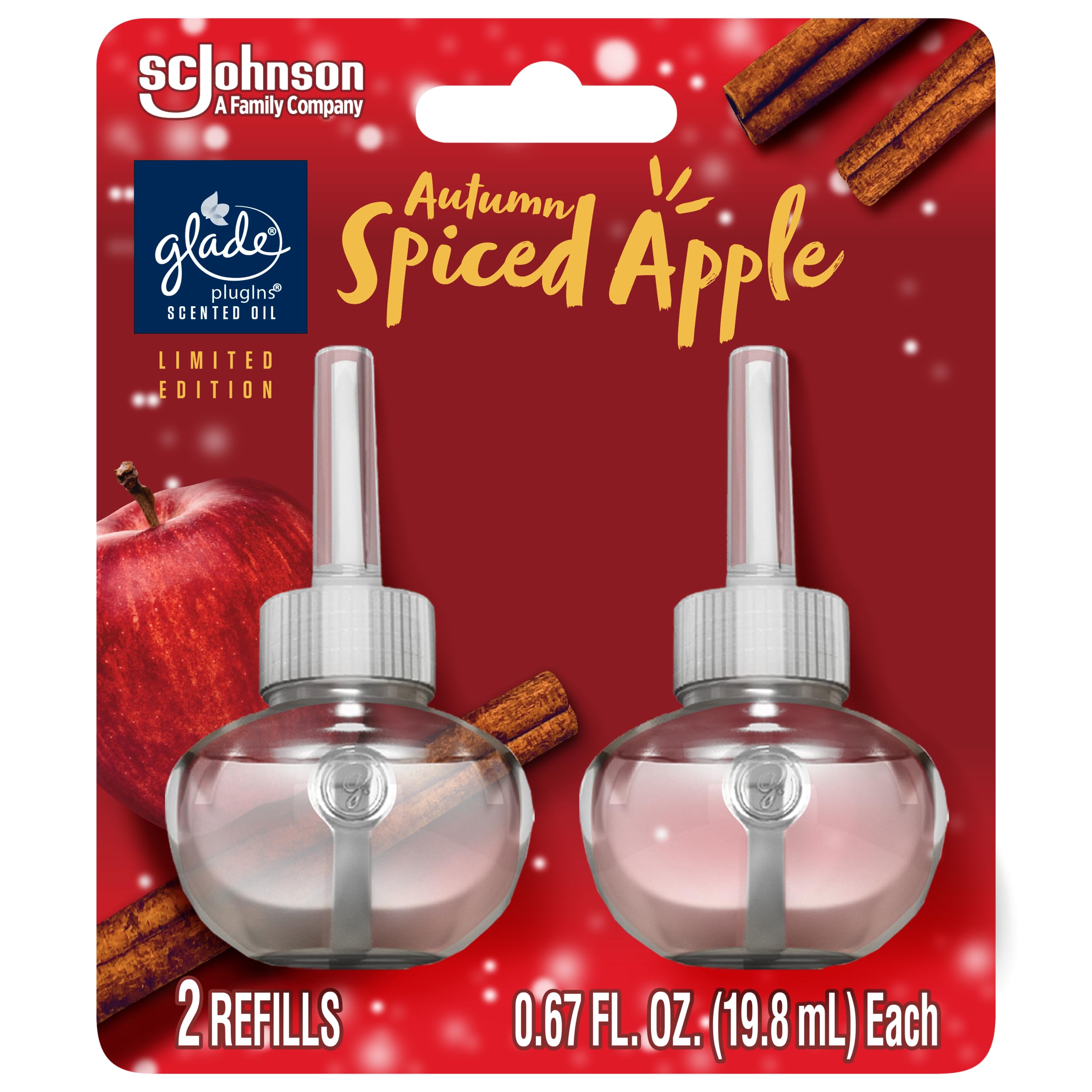 Glade PlugIns Refills Air Freshener, Scented and Essential Oils for Home and Bathroom, Autumn Spiced Apple, 1.34 Fl Oz, 2 Count