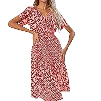 XJYIOEWT Womens Long Dresses,Women Floral Print Dress Casual V-Neck Short-Sleeved Casual Loose Elegant Dresses A-line Be