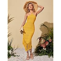 Fall Dresses for Women 2023 Tie Backless Tassel Tie Mesh Halter Dress Dresses for Women (Color : Mustard Yellow, Size : Large)