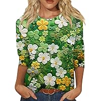 Fashionable and Casual Women's St Paddy's Day Shirt with Leprechaun Shamrock Print - 3/4 Sleeves Round Neck Tees
