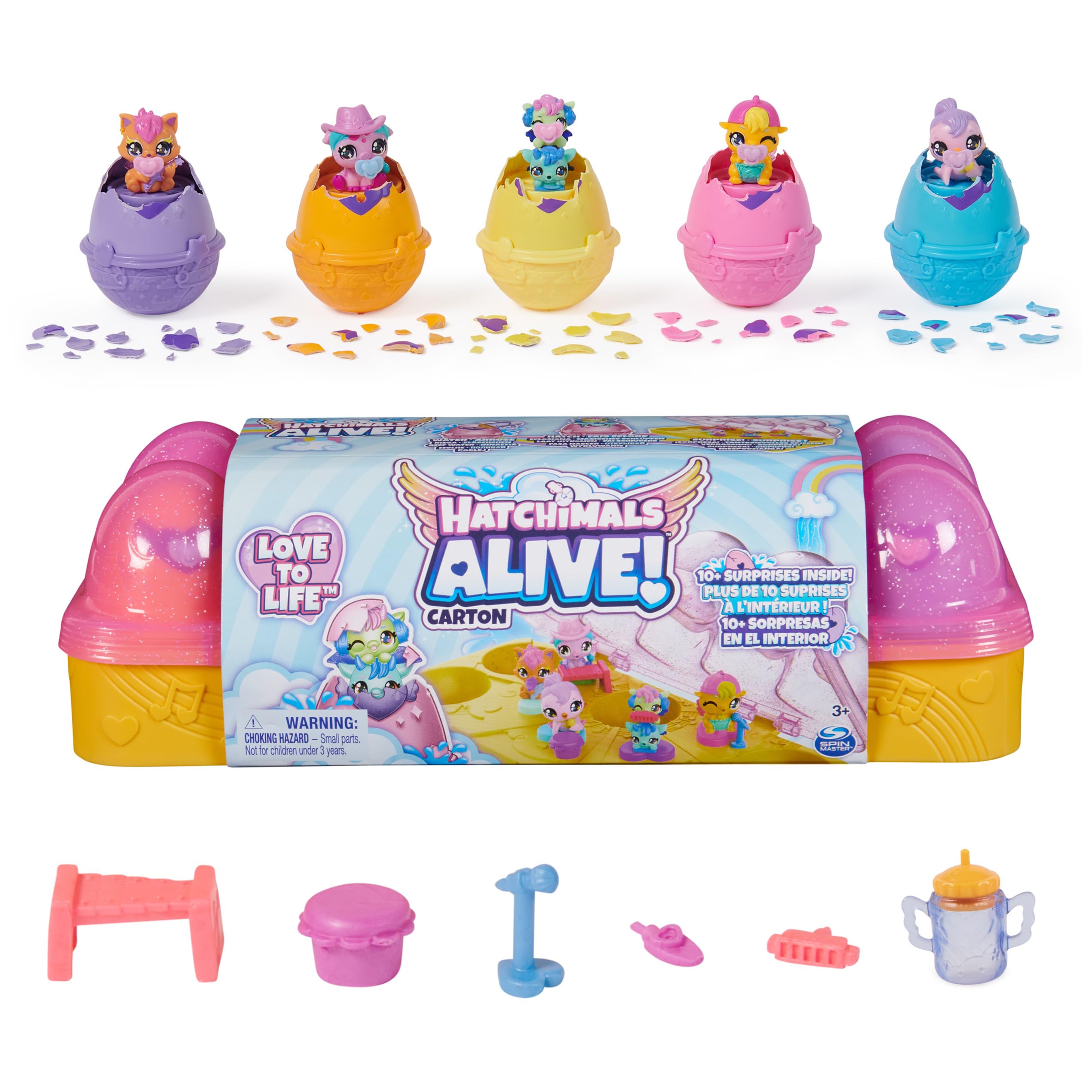 Hatchimals Alive, Pink & Yellow Egg Carton Toy with 6 Mini Figures in Self-Hatching Eggs, 11 Accessories, Kids Toys for Girls and Boys Ages 3 and up