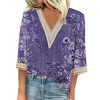 Women's Summer Tops Shirt Blouse Casual Loose 3/4 Sleeve Lace Print V Neck Tops Tops T-Shirts Tee, S-3XL