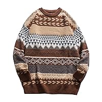 Fall Women's Cashmere Knit Panel Vintage Sweater Pullover Striped Embroidery Blouse Loose Tops