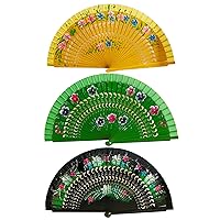 Spanish Fan for Women 3Pcs Floral Print Vintage Gilding Hand Fan 9in Double-sided Decorative Foldable Hand Fan for Party Wedding Photography
