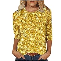 Womens Sequin Tops 3/4 Sleeve Glitter Sparkly T-Shirts Summer Trendy Casual Loose Fit Blouse Crewneck Tunic Tee