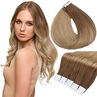 Full Shine Blonde Tape in Hair Extensions Human Hair 18 Inch Tape in Real Hair Extensions 20 Pcs Blonde Extensions Tape in 50 Grams Color 10 Fading to 14 Invisible Tape in Extensions