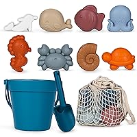 11Pcs Silicone Beach Toys,Modern Baby Beach Toys,Travel Friendly Beach Set,Eco Friendly Toy,Silicone Bucket, Shovel, 8 Sand Molds, Beach Bag,Silicone Sand Toys for Toddlers, Kids (Dark Blue)