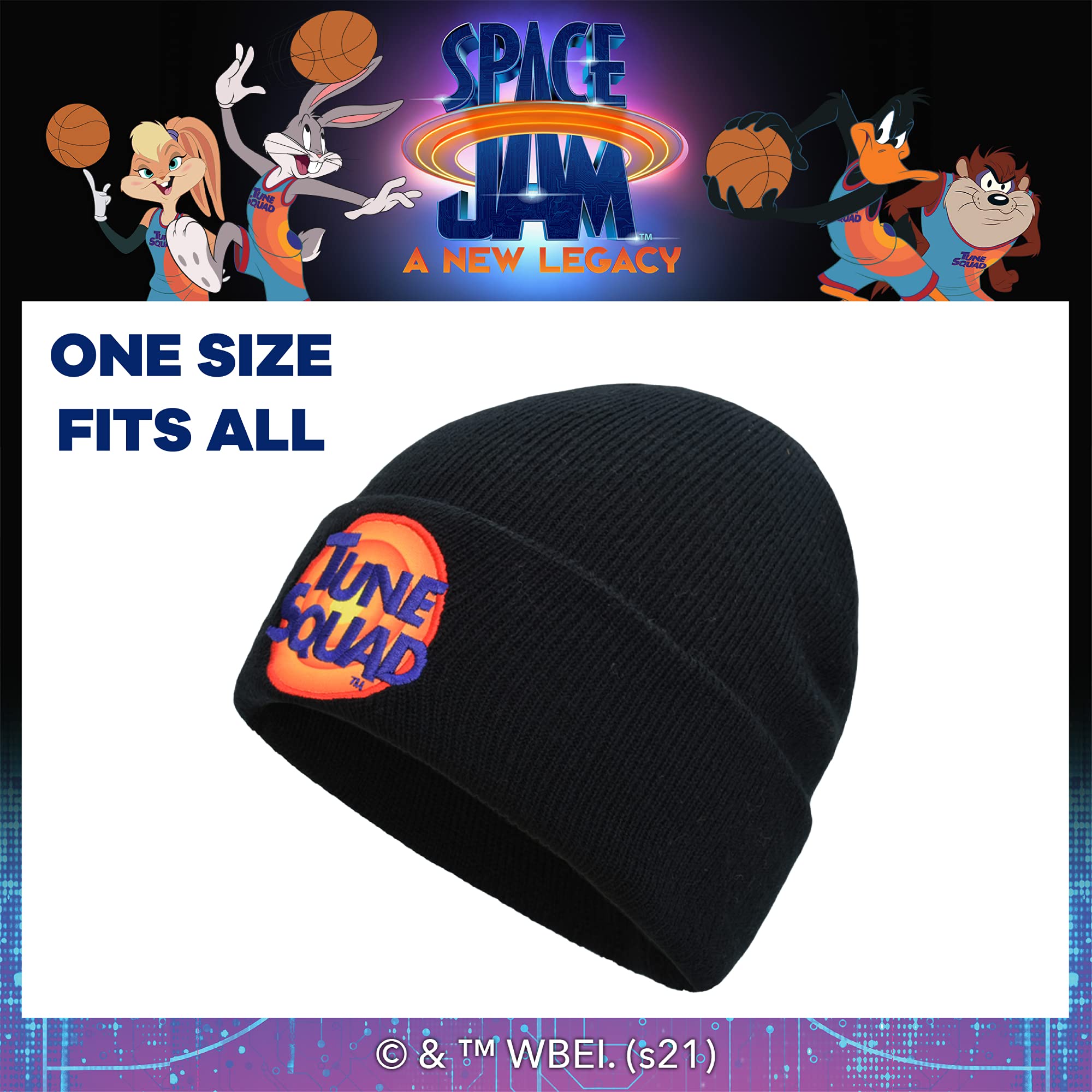 Concept One Space Jam 2 Tune Squad Embroidered Logo Knitted Acrylic Cuff Winter Beanie Hat, Black, One Size