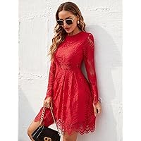 Easter Dress for Women Sheer Insert Scallop Trim Lace Dress (Color : Red, Size : XS)