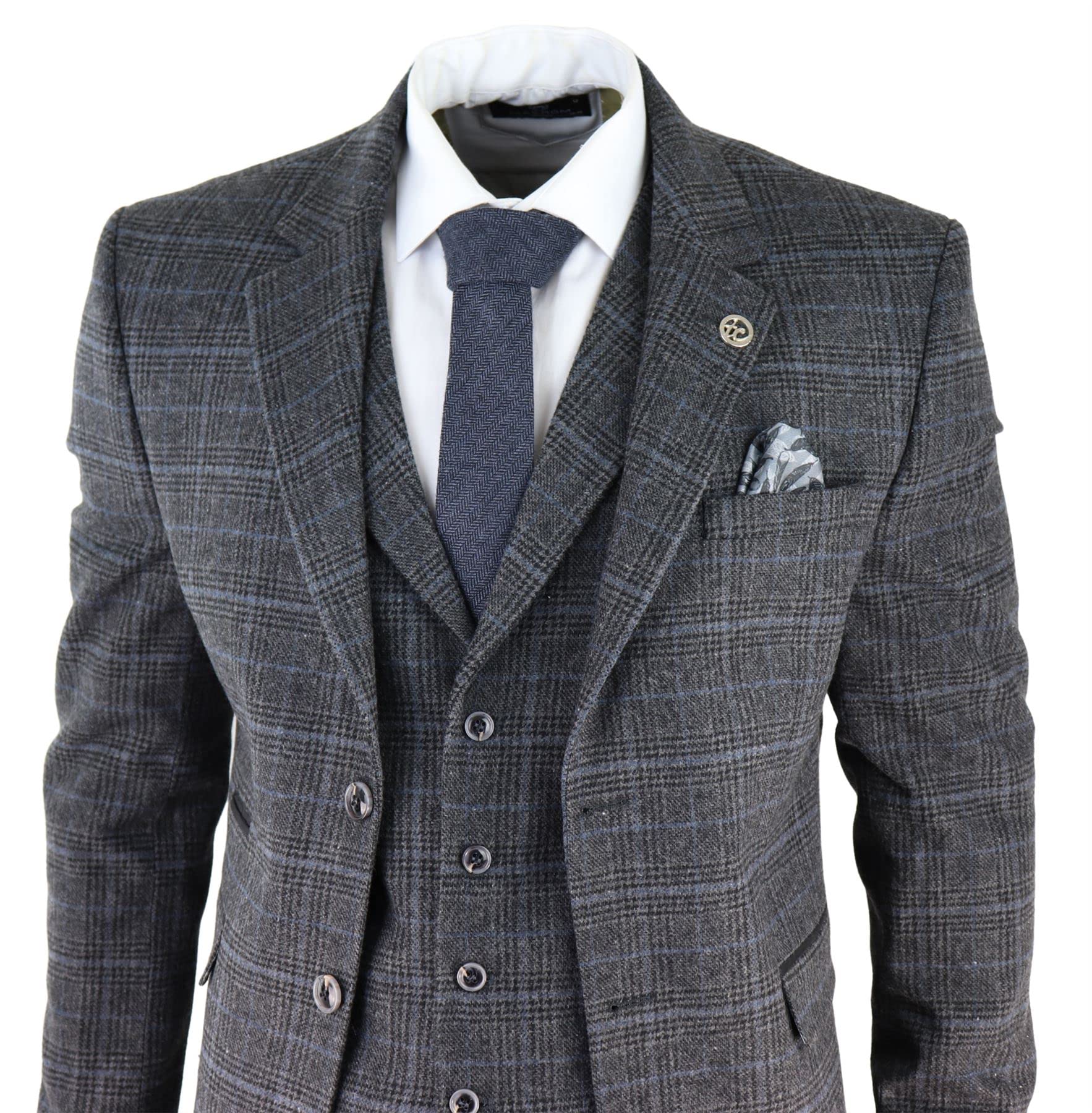 Mens Grey Tweed 3 Piece Suit Blue Check Vintage 1920s Gatsby Blinders Tailored Fit