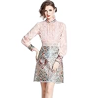 LAI MENG FIVE CATS Women's Vintage Elegant Round Neck Floral Tulle Embroidered Floral Party Casual Mini Dress