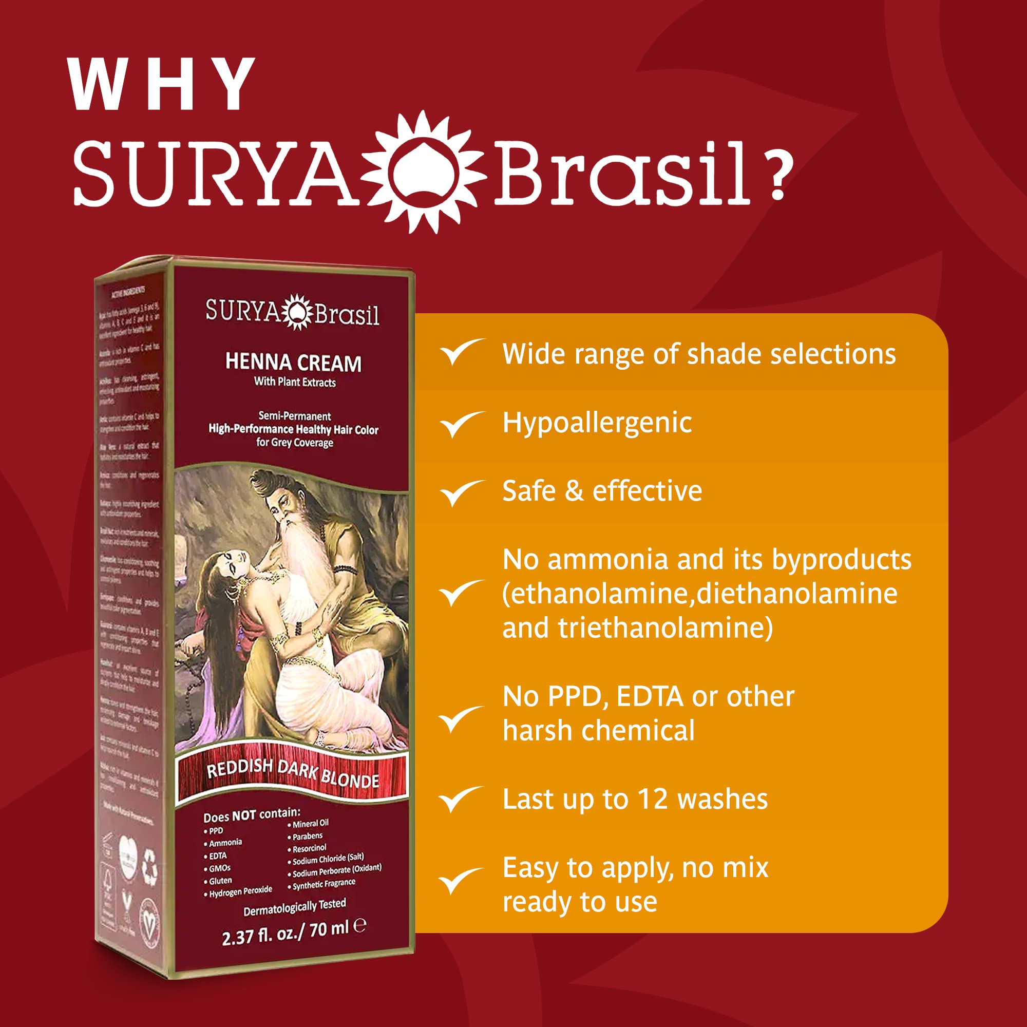 Surya Brasil - Henna Cream Hair Color Treatment, Semi Permanent Hair Color for Gray Hair Coverage, Natural Henna Hair Color, Deep Conditioning Hair Dye, Reddish Dark Blonde, 2.37 oz / 70 ml