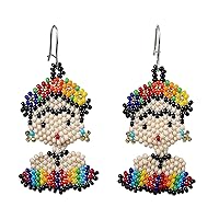 NOVICA Handmade Beaded Dangle Earrings Multicolored Frida Glass Mexico Cultural Bohemian 'Rainbow Frida'