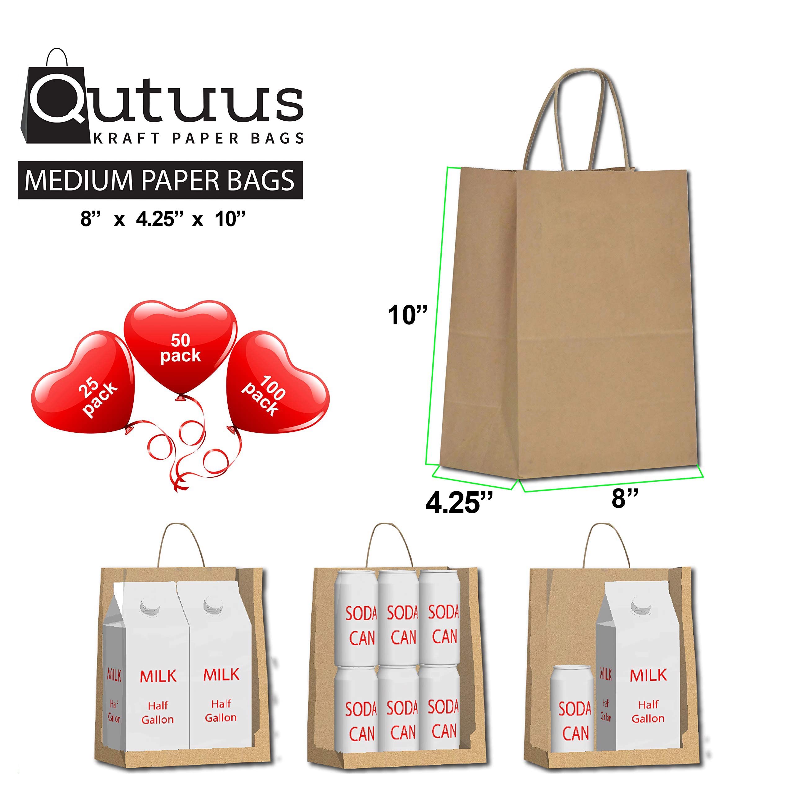 Qutuus Kraft Paper Gift Bags with Handles - 8x4.25x10 25 Pcs Brown Shopping Bags, Party Bags, Goody Bags, Cub, Favor Bags, Business Bags, Kraft Bags, Retail Bags