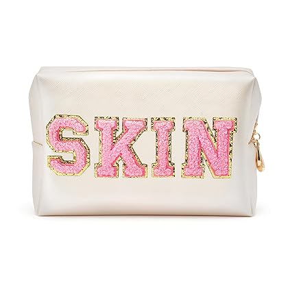 Y1tvei Preppy Patch SKIN Varsity Letter Cosmetic Toiletry Bag PU Leather Portable Makeup Bag Zipper Pouch Storage Purse Waterproof Organizer Gift for Women Teen Girls Daily Travel Use (Shell Gold)