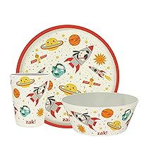 Zak Designs Kids Dinnerware Set 3 Pieces, Durable and Sustainable Melamine Bamboo Plate, Bowl, and Tumbler are Perfect For Dinner Time With Family (Spaceships)