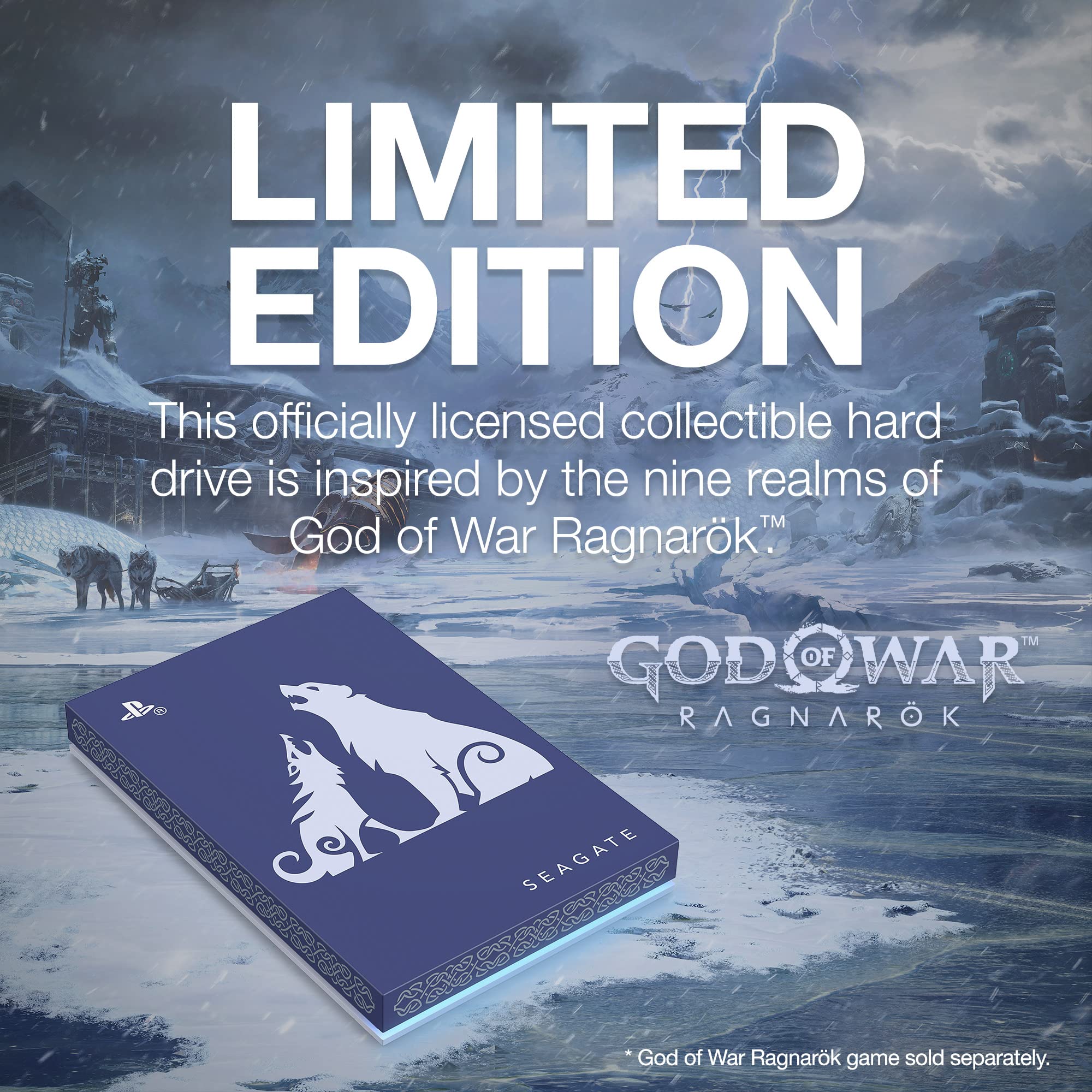 Seagate God of War Ragnarök Limited Edition Game Drive 2TB External Hard Drive - USB 3.0, ICY Blue LED Lighting, Officially-Licensed for Playstation Consoles (STLV2000100)