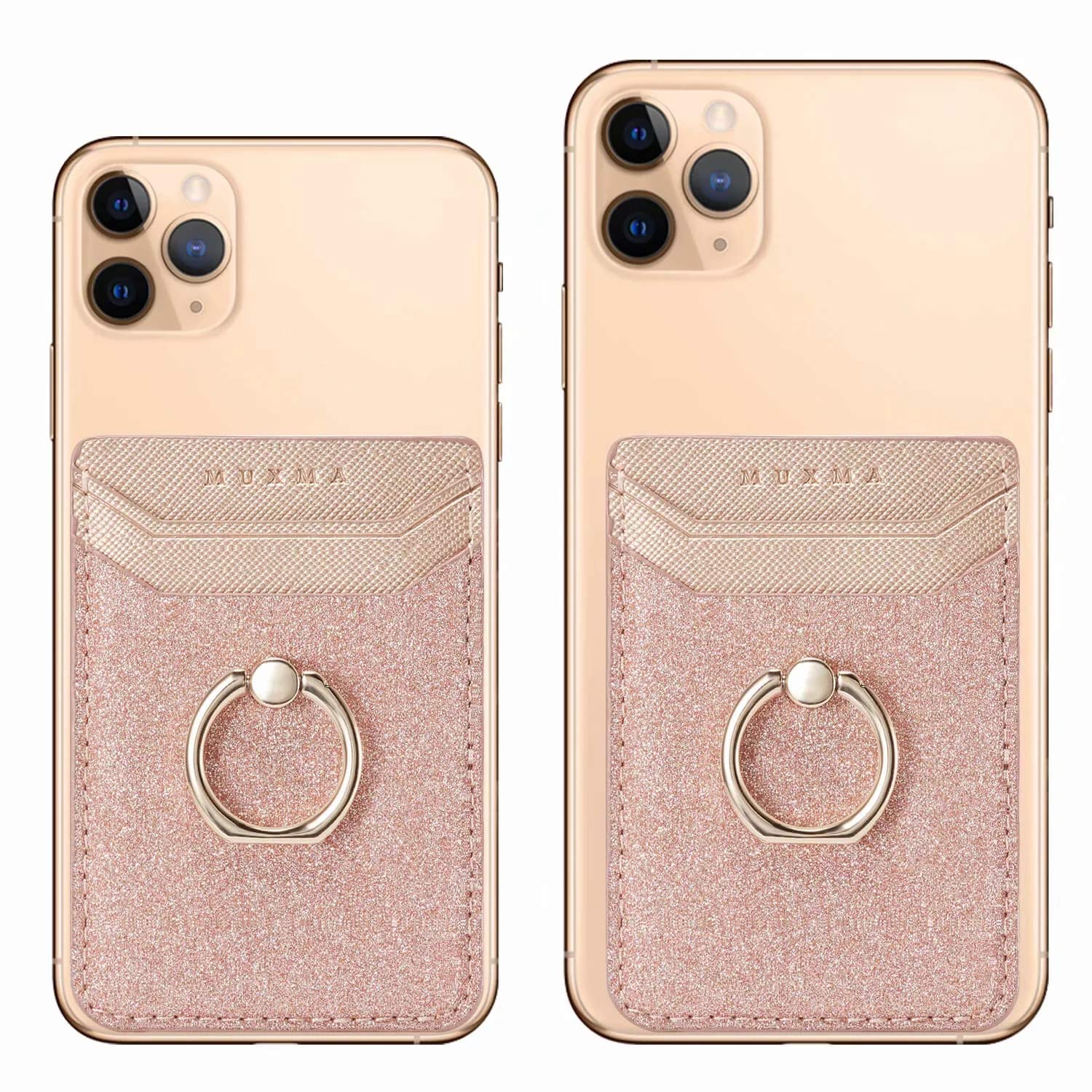 Phone Card Holder Sleeve RFID Credit Wallet with Kickstand Ring for Women, DMaos 2 Pieces Glitter Sands Wallet Stick-On Back Grip for iPhone Samsung Android and Smartphones - Pink + Gold
