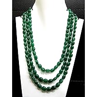 Natural Beryl Emerald Oval Plain Smooth Beads 6x9mm to 9x11mm 3 Stranded 18 inches Long Gemstone Beaded Necklace