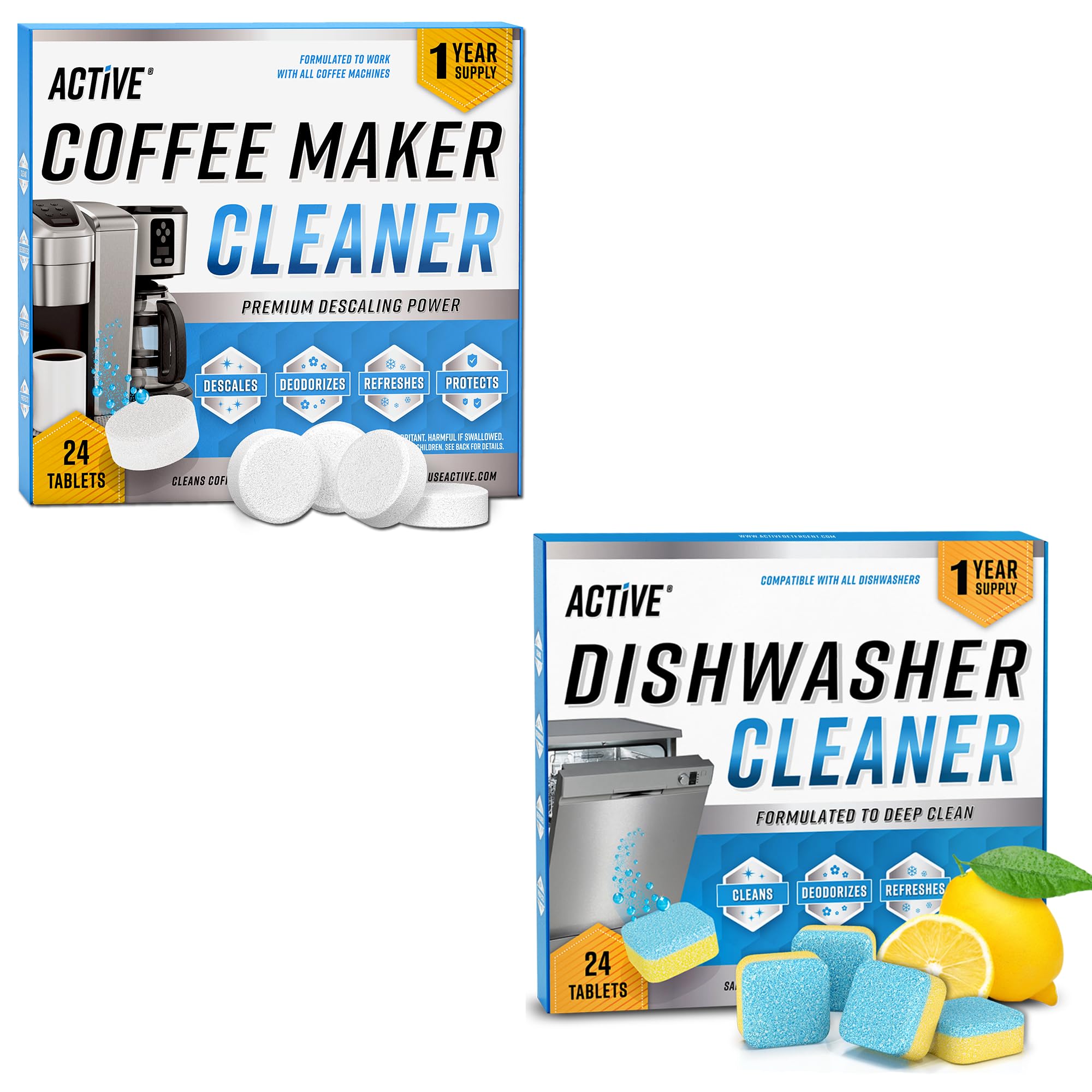 ACTIVE Coffee Maker Cleaner and Dishwasher Cleaner - Includes 24ct Coffee Maker Cleaning Tablets and 24ct Dishwasher Cleaning Tablets