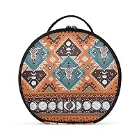 ALAZA Indian Tribal Aztec Geometric Skulls Cosmetic Bag Round Travel Makeup Case Organizer Portable Storage Toiletry Bag with Adjustable Dividers for Women Business Trip College Dorm