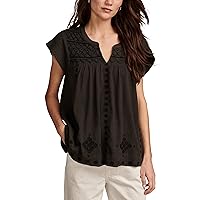 Lucky Brand Women's Short Sleeve Embroidered Smocked Blouse