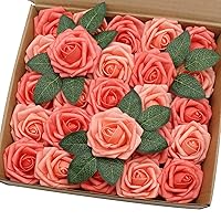 Artificial Flowers 25PCS Real Looking Mixed Living Coral Fake Roses with Stem for DIY Wedding Bouquets Centerpieces Baby Shower Party Home Decorations